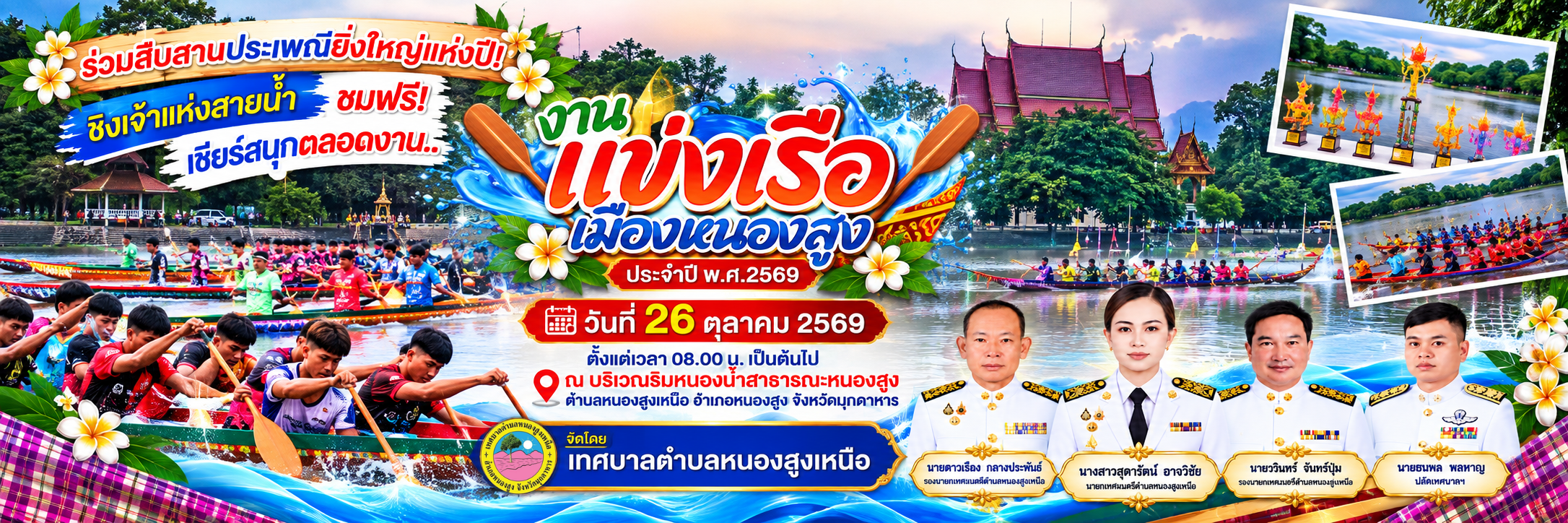 เทศบาลตำบลหนองสูงเหนือ ขอเชิญชวนพี่น้องประชาชนและนักท่องเที่ยวทุกท่าน ร่วมชมและร่วมเชียร์ใน "โครงการแข่งเรือเมืองหนองสูง ประจำปี พ.ศ. 2569